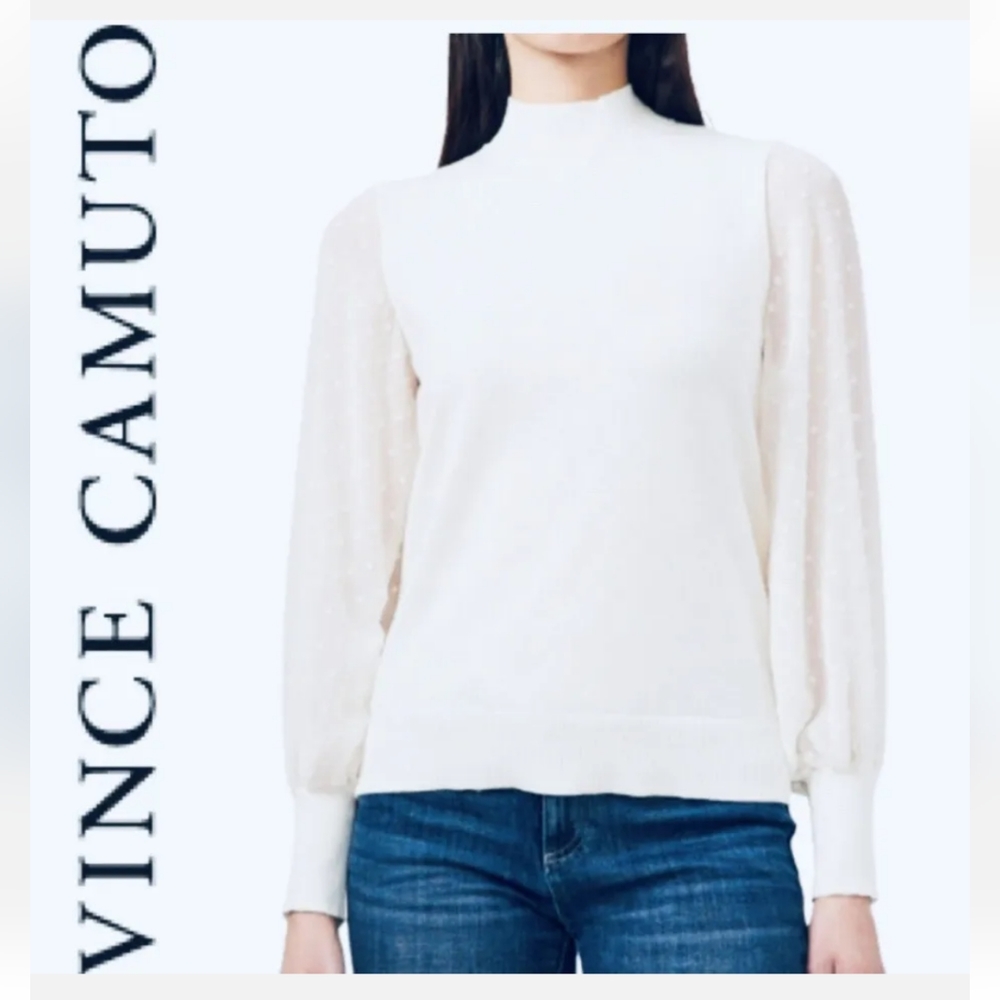 VINCE CAMUTO ANTIQUE White Blouse; SZ:S; Clip Dot Sleeve. MRSP $79 NWT